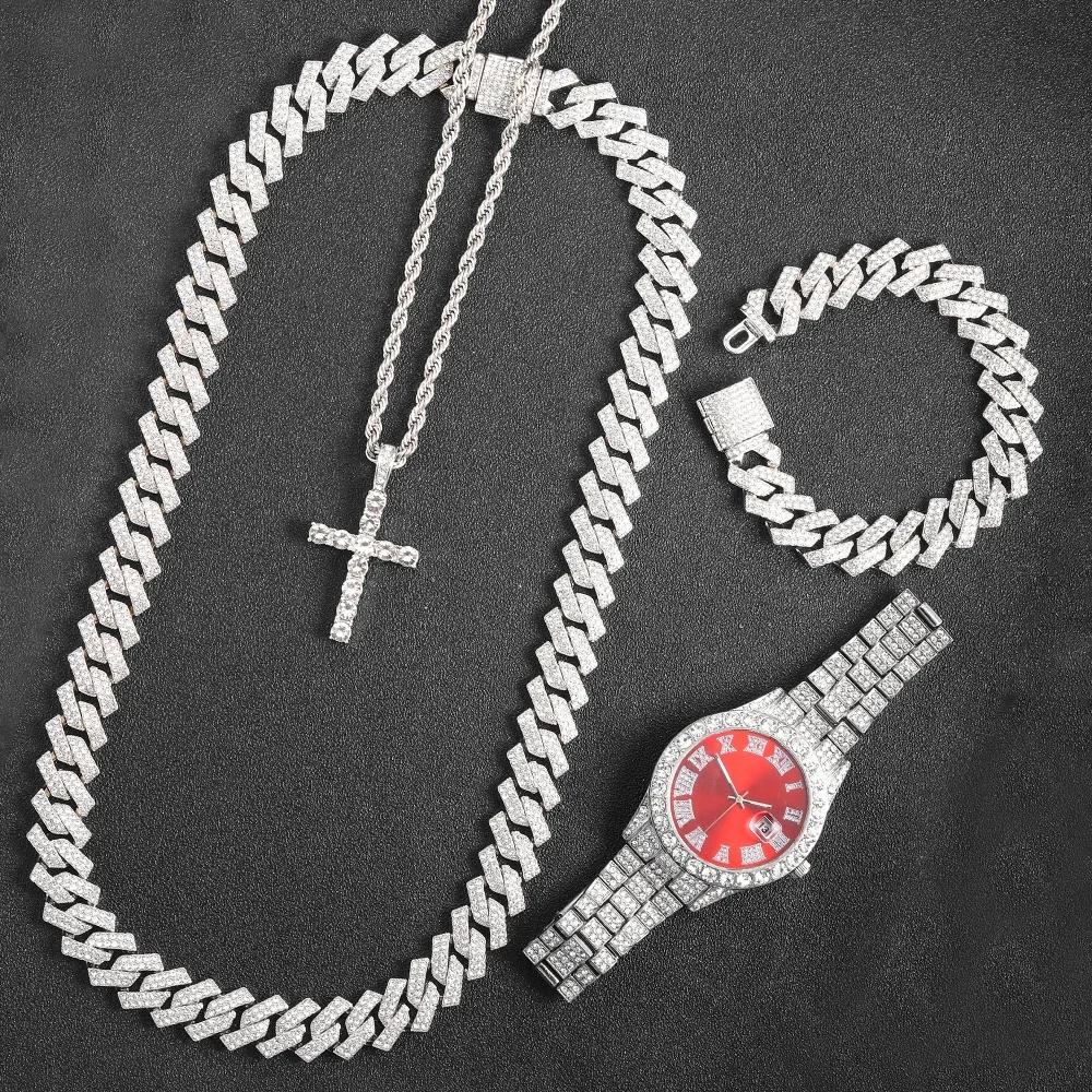 16mm Hip Hop Miami Cuban Link Kette Set Halskette +Uhr+Armband Kreativ Iced Out Glänzend Trendig Stilvoller Schmuck Für Damen Herren