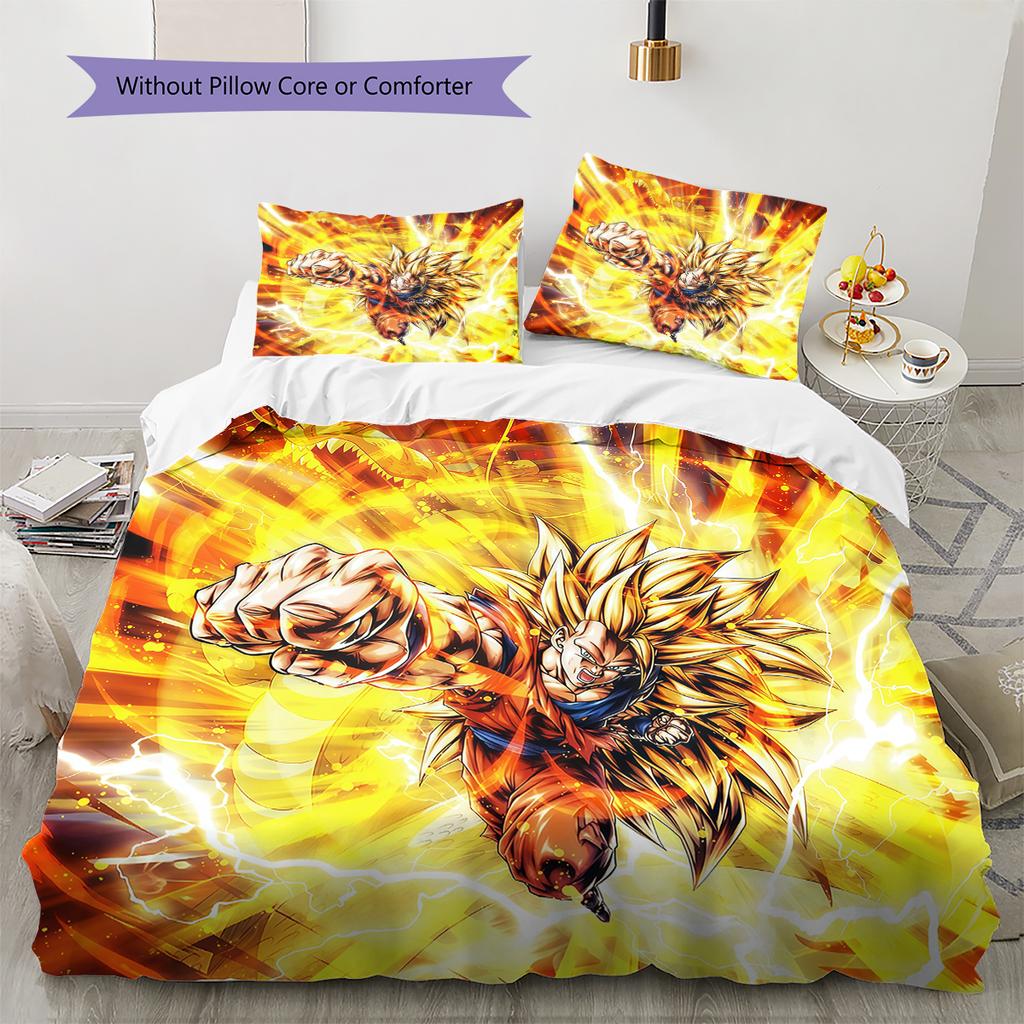 Ropa de cama con estampado de Son Goku, Juego de colcha, Funda de colcha, Funda de almohada, Regalo de cumpleaños para el hogar (1 * funda nórdica + 2 * fundas de almohada, sin núcleo)
