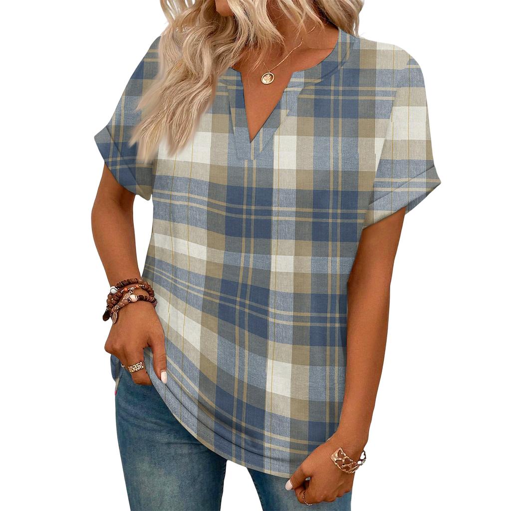 Stylish Women's Casual V-neck Short-sleeved Striped Plaid Print T-shirt