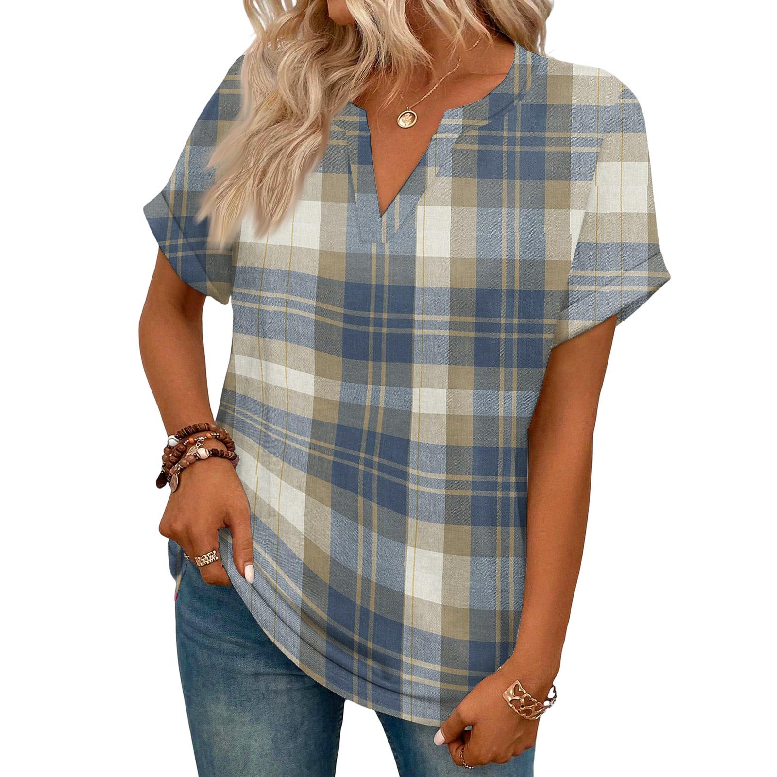 

Stylish Women s Casual V-neck Short-sleeved Striped Plaid Print T-shirt XXL