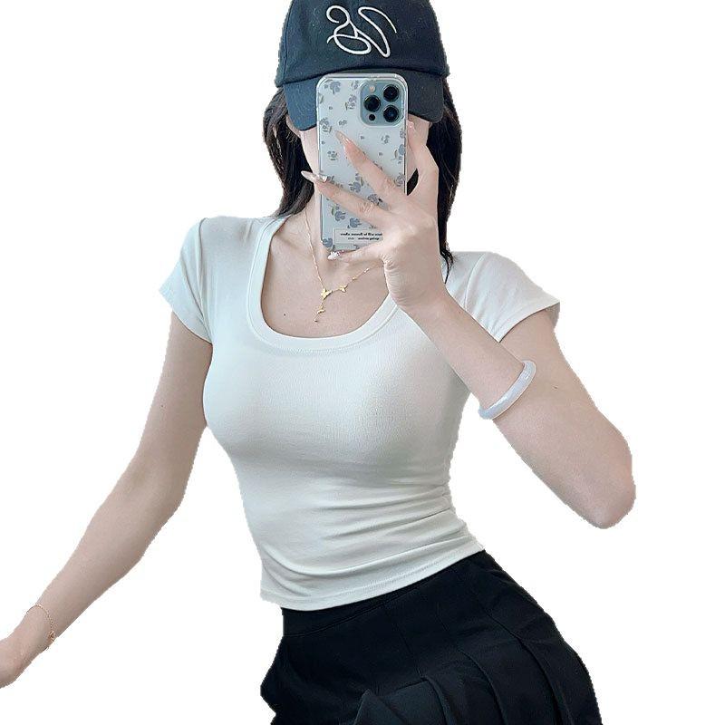 2025 Summer Slim Fit Women's Square Neck T-Shirt - Solid Color, Short Sleeves, Exposed Clavicle, Cotton Blend
