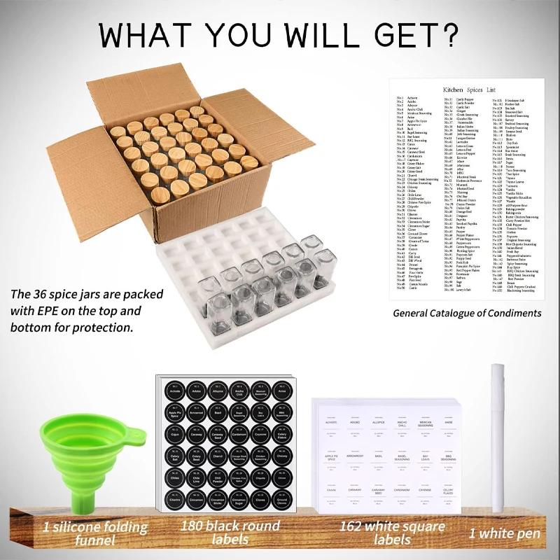 8/12pcs Glass Spice Jars with Label Bottles Bamboo Seasoning Containers Shaker Lids with Empty Spice Jars Storage Containers Set