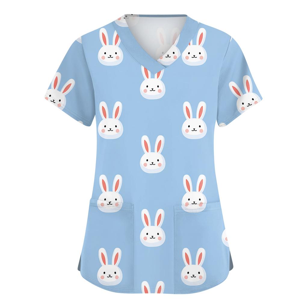 Women's Fashionable V-neck Short-sleeved Work Top With Double Side Slits And Pockets, Featuring Easter Bunny And Egg Prints.