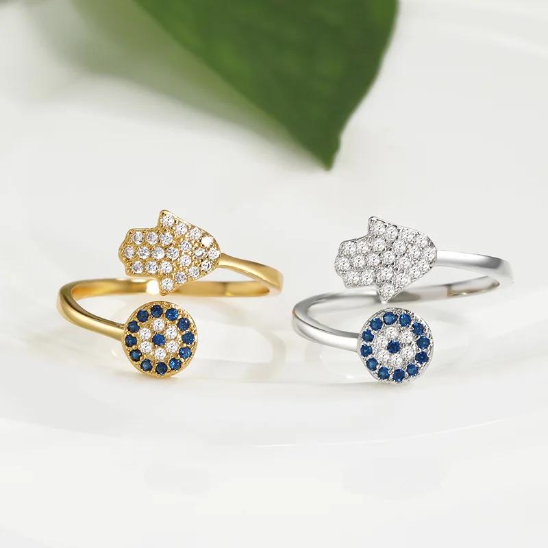 Hamsa Fatima's Hand Open Rings Turkish Blue Cubic Zircon Evil Eye Ring Protection Amulet Islamic Jewish Jewelry