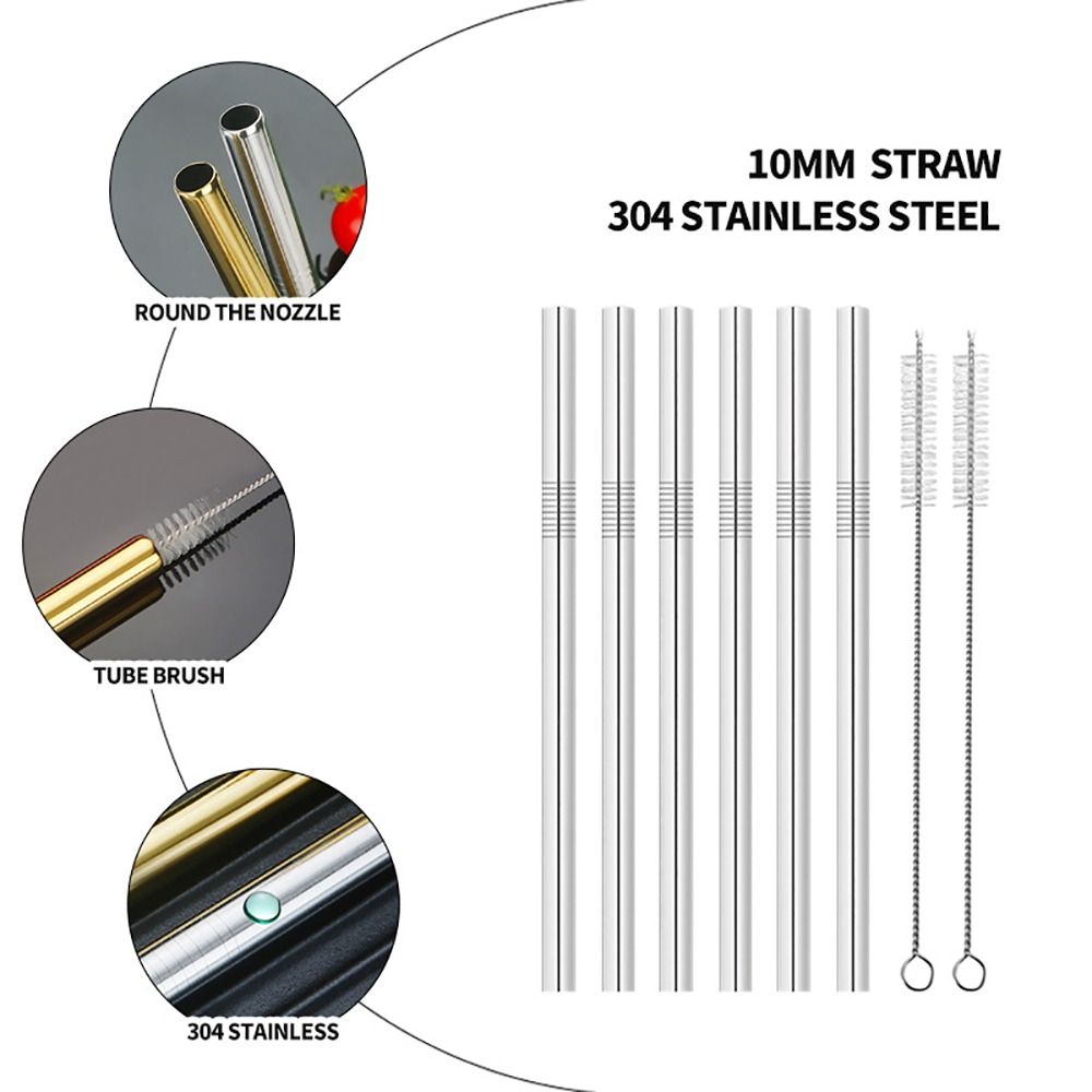6Pcs/Set 10mm Stainless Steel Straw With Brush Cup Replacement Straw Drinking Use