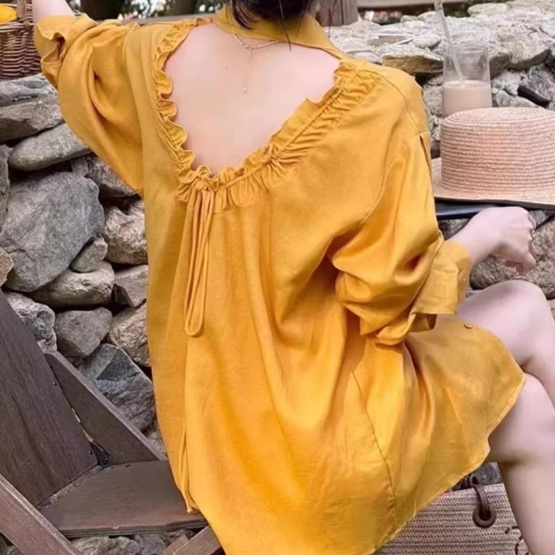 Back Hollow Women's Shirt Flip Collar Drawstring Design Button Up Blouse French Style Fashion Ladies Long Sleeved Top