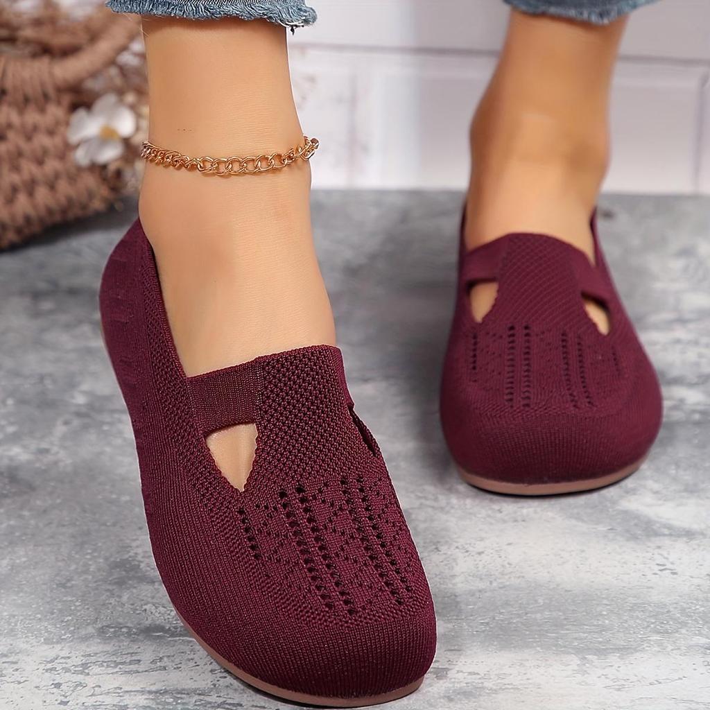 Women Stylish Soft Knitted Flat Shoes Round Toe Hollow Out Design Breathable Lightweight Comfortable Slip on Walking Shoes