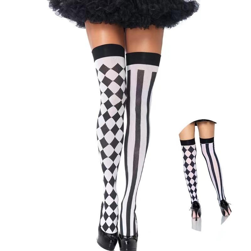 Clown Asymmetrische Gestreifte Gedruckte Overknee Lange Socken Halloween Oberschenkel Hohe Strümpfe Cosplay Kostüm Strumpfhosen für Frauen
