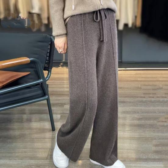 Wool Casual Pants Solid Color Straight Wide Leg Knitting Trousers with Drawstring High Waist Thickened Slacks