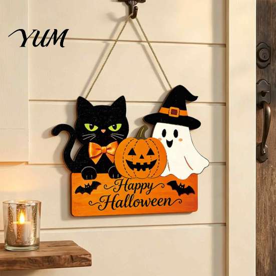 Festive Hanging Decoration for Friends Halloween Door Sign with Hemp Rope Lanyard, Pumpkin Ghost Printed Seasonal Store Window Display Plaque, Wooden