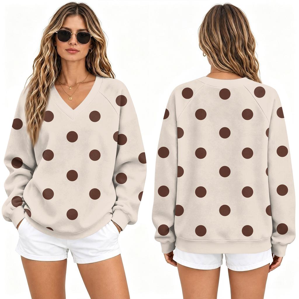 Damen Locker geschnittenes V-Ausschnitt Raglan Sweatshirt mit Polka-Dot-Print Pullover Top