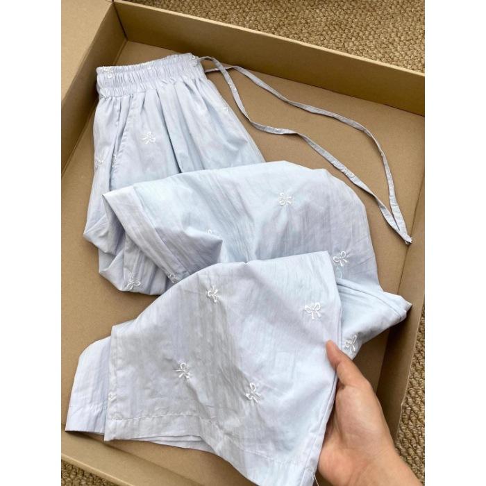 Embroidered blue high-waisted casual pants women s summer loose wide-leg casual versatile straight trousers trend S