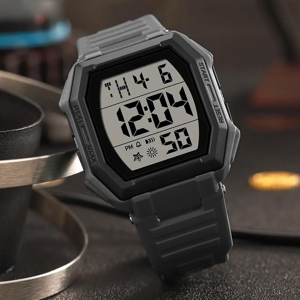 Men Digital Watch Outdoor Sports Multifunctional Waterproof Shock Resistant Large Screen Display Luminous Wristwatch
