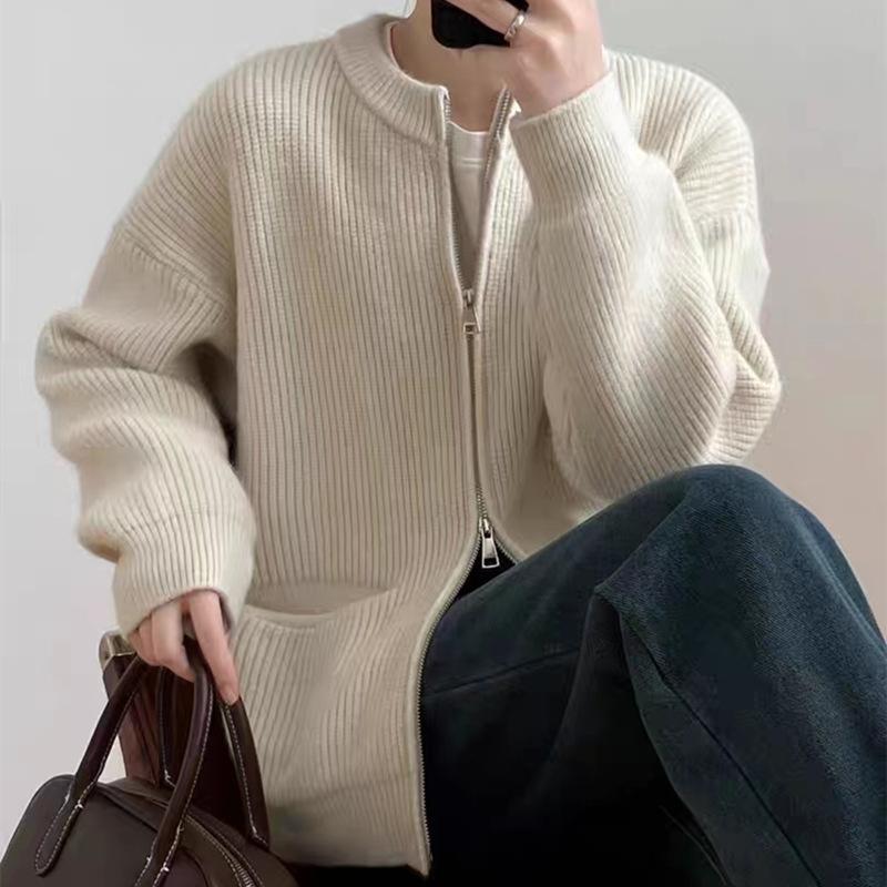 Retro Solid Color Lazy Wind Sense Pit Strip Double Zipper Knitted Cardigan Female Loose Soft Temperament Sweater Coat