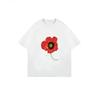 Women Casual T-Shirt White Poppy Flower Print With Green Stem And Signature For Daily Wear And Spring Outfits