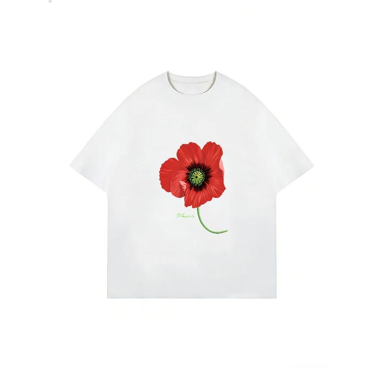 Women Casual T-Shirt White Poppy Flower Print With Green Stem And Signature For Daily Wear And Spring Outfits