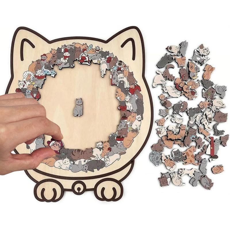 135pcs Cat-shaped Wooden Jigsaw Puzzle Unique Irregular Puzzle Pieces Game Birthday Xmas Gifts for Cat Lovers Home Decorations