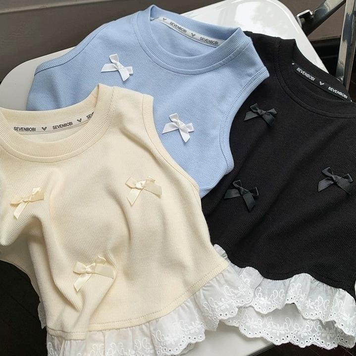 Girls' Summer Vest Baby's Trendy Korean Sweet Lace Bow Sleeveless Top