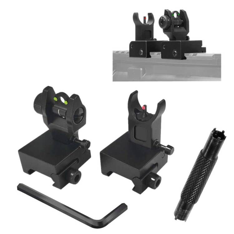 HWZ Tactical Low Fiber Optic Iron Combat Folding Fiber Optic Front and Rear Sight Set with Aiming Set Adjustment Tool (Black)
