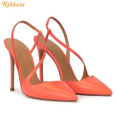 Sandales PU Couleur Unie à Brides Croisées au Dos Femmes Été Escarpins Cuir Brillant À Enfiler Bout Pointu Talons Aiguilles Sandales