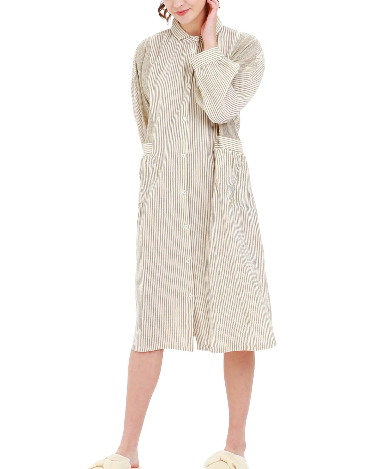 

Платье для комнаты, ночная рубашка, кремовое, газовое, полосатое платье, красное [Narue] / женское