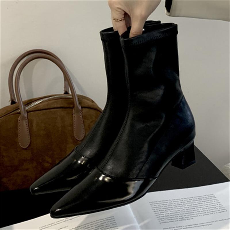 Eilyken High Quality Design Splicing Pointed Toe Zipper Women Ankle Boots Fashion Square Heels Short Booties Shoes