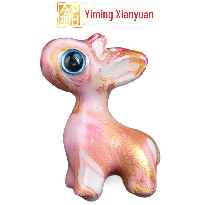 Painted Lacquer Little Deer: Cute Cartoon Wenge Wood Carving Tea Pet Ornament