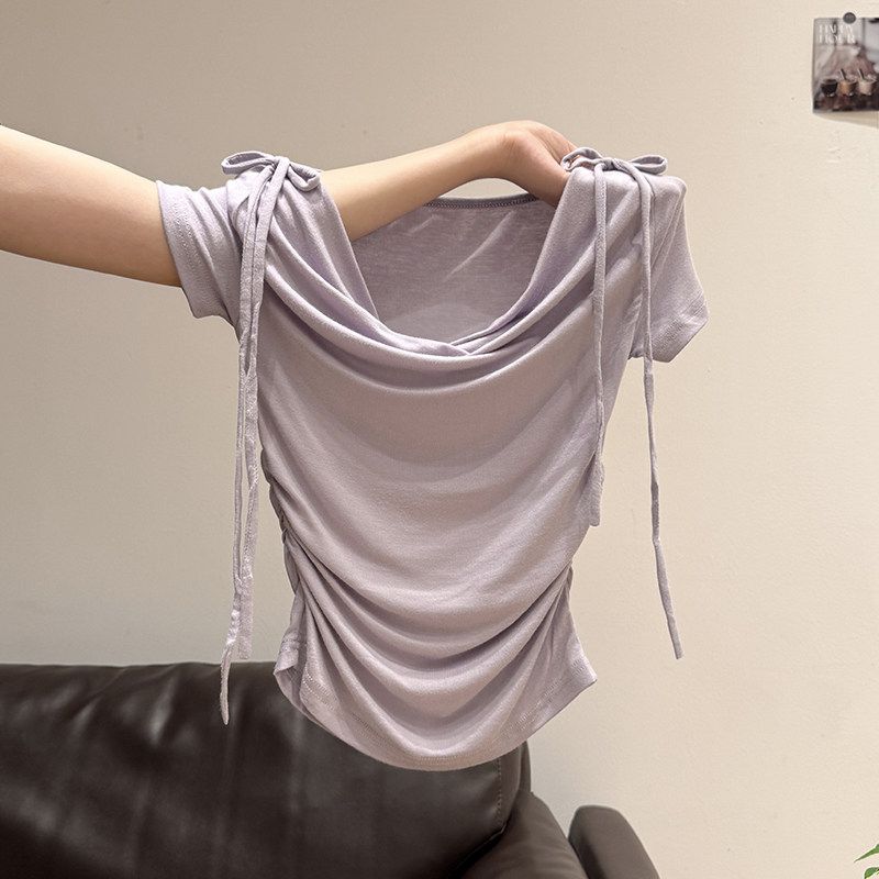 

Gentle Purple Niche Swing Collar Short sleeve Women Summer Beautiful Super Pure Desire Style OOTD Wear Tight Waist Slimming T-shirt Purple M
