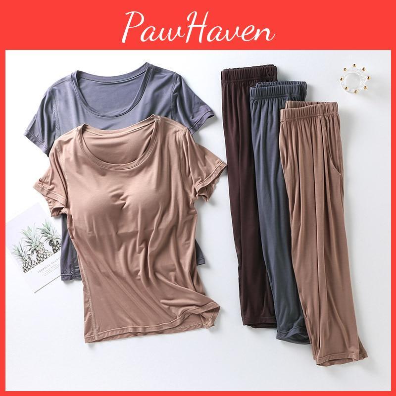 2025 New Summer Ladies Modal Pajamas Twopiece Suit With Chest Pad Shortsleeved Cropped Trousers Plus Size Home Service Set