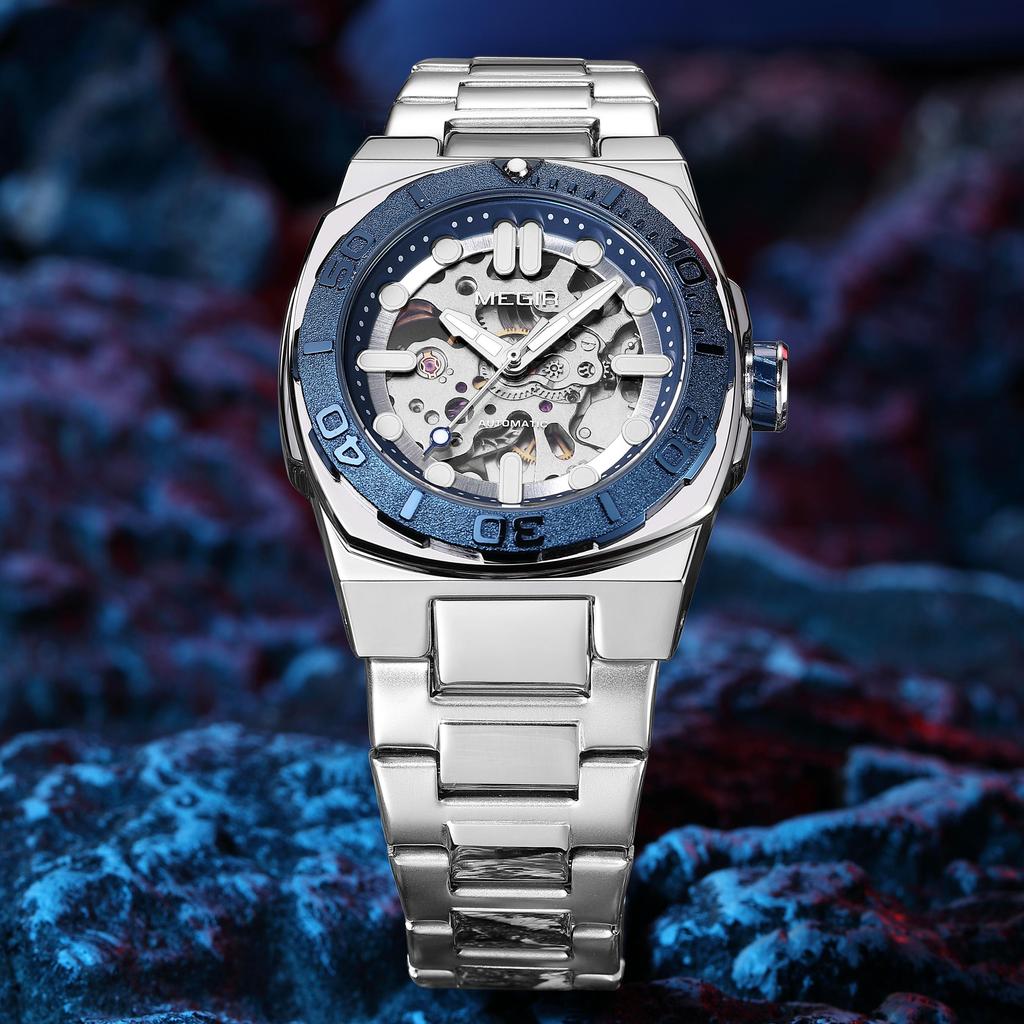 Megir Luxusní mechanické pánské hodinky Skeleton ciferník Business volnočasové náramkové hodinky Plně automatické náramkové hodinky Hodiny Relogio Masculino 8606