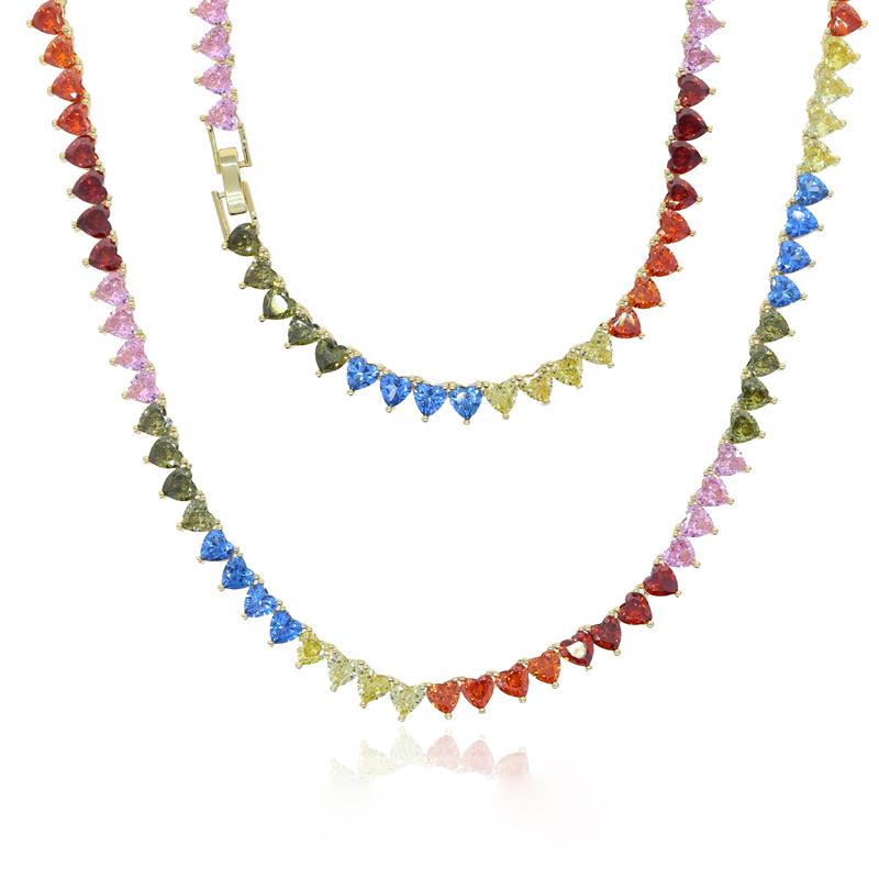 Collana girocollo da donna di lusso, a catena geometrica, a forma di cuore, colorata arcobaleno, con zirconi cubici
