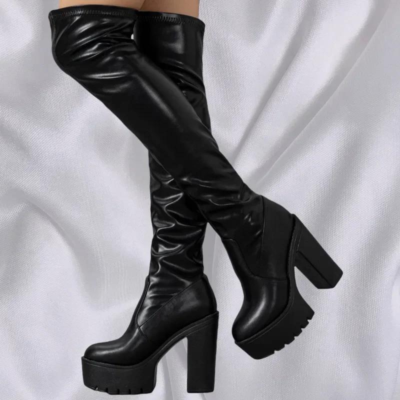 Women Stretch PU High Thick Heel Long Boots Waterproof Platform Over-the-knee Boots for Autumn Winter Office Nightclub Party 35 чёрный 4340₽
