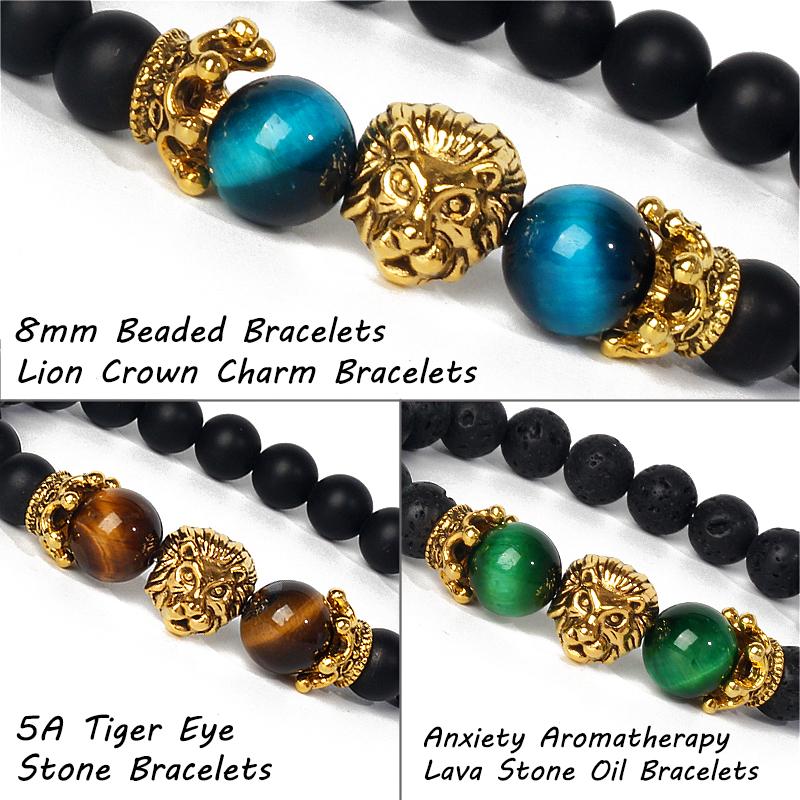 Lion Leopard Charm Bracelets Men Nature Tiger Eye Lava Stone Oil Heal Anxiety Aromatherapy Bracelets for Women Diffuser Jewelry