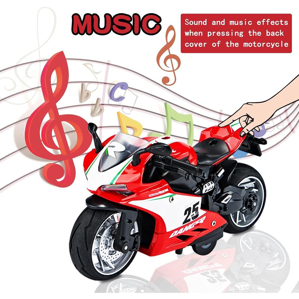 1/12 Scale Rapidly Racing 25DS Motorcycle Toy,Pull Back Vehicles,Alloy Toy Motorcycle with Sound and Light,Motorcycle Replica for Kids 3-9