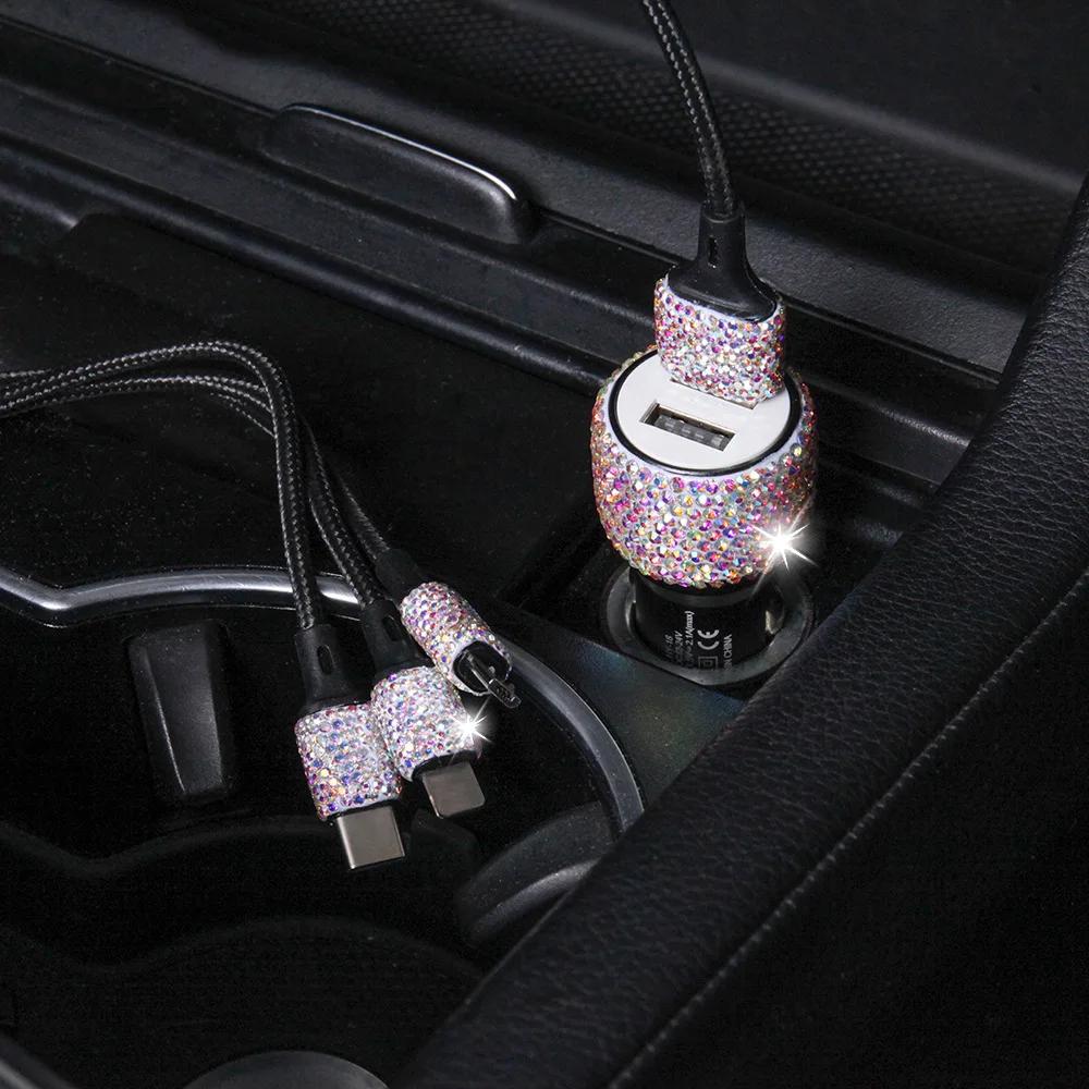 USB Car Charger Pink Crystal Diamond 5V 2.1A Dual Port Fast Charging Adapter 3 in 1 Charging Cable for IPhone Samsung Huawei