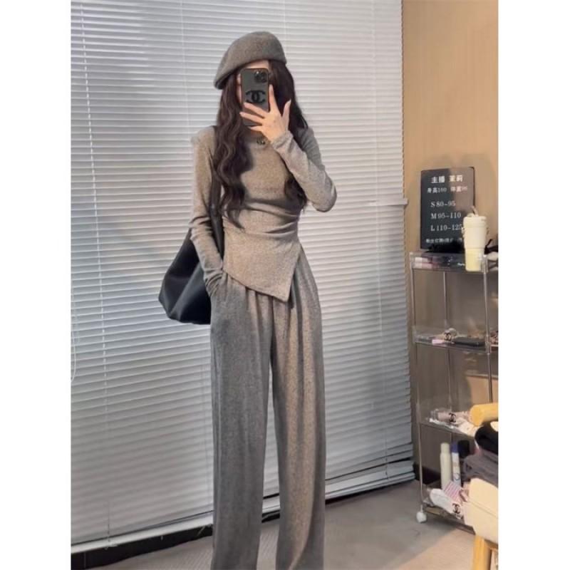 Womens Irregular Hem Top Straight Wide Leg Pants Set Casual Two Piece Outfit Petite