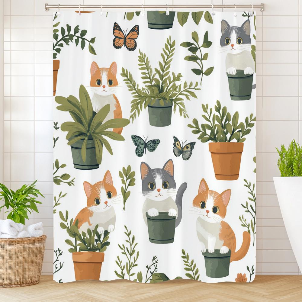

Flowers And Plants And Cat Cartoon Print Shower Curtain Bathroom Decoration Curtain,Hanging Curtain With Hooks Machine Washable W60H190(CM)-1 Pcs