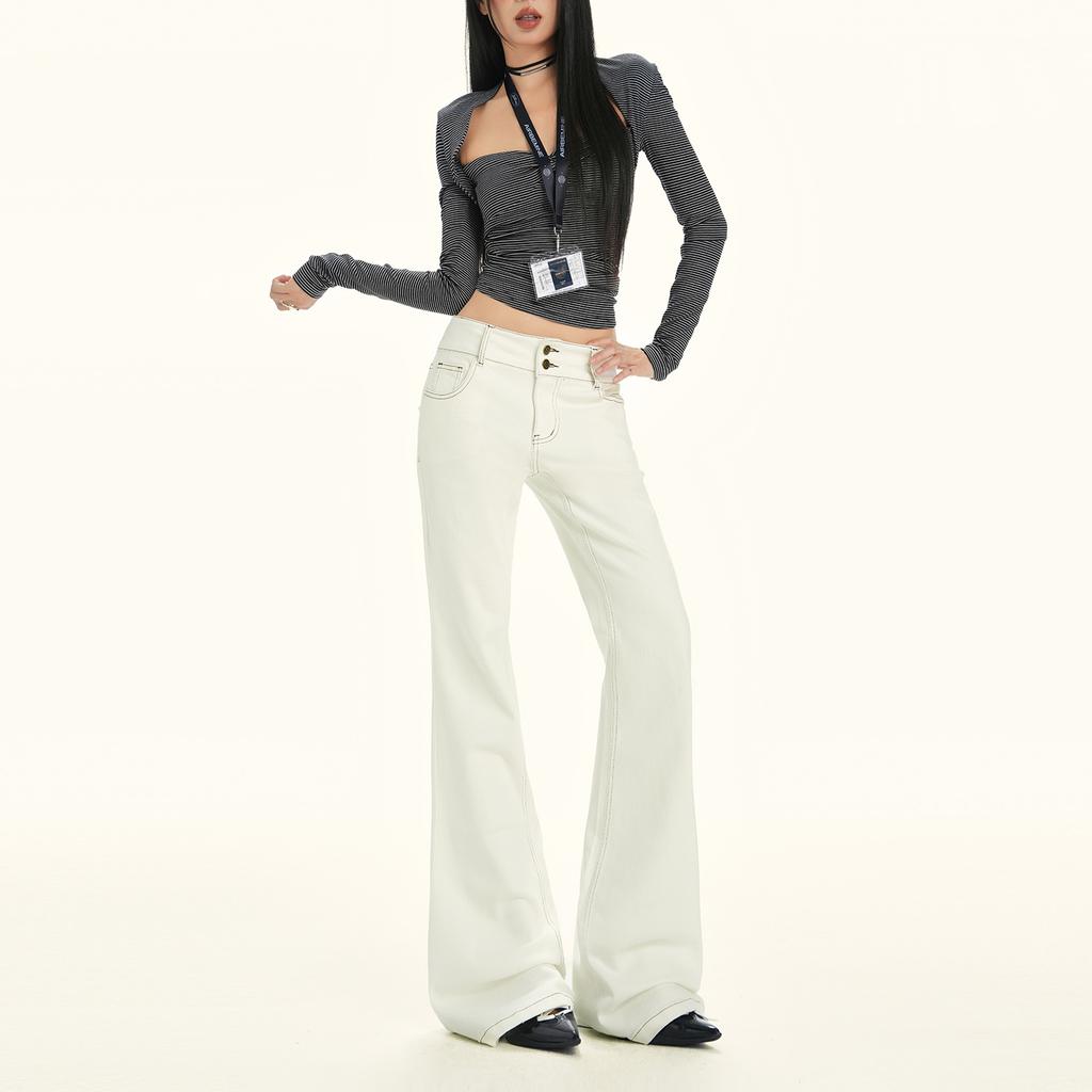 American retro beige slim double-breasted design micro-flared jeans Yichun