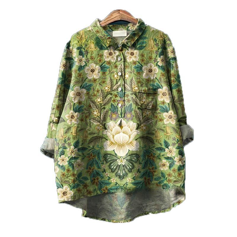 European Plus Size Women Clothing Retro Hong Kong Style Spring and Autumn New Breasted Print Loose Mid-Length Casual Long Sleeve Shirts Top