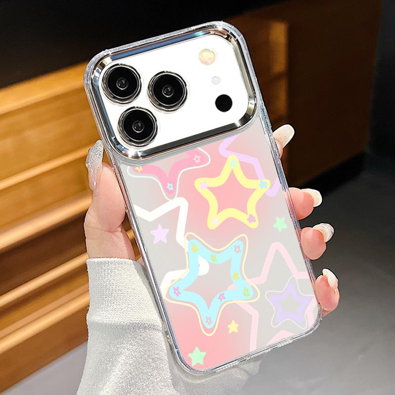 Modern Colorful Stars Pattern Case For iPhone 17 Pro Max Plating Lens Frame Clear Soft Cover For iPhone 16 15 14 13 Pro Max 11 16E 17E