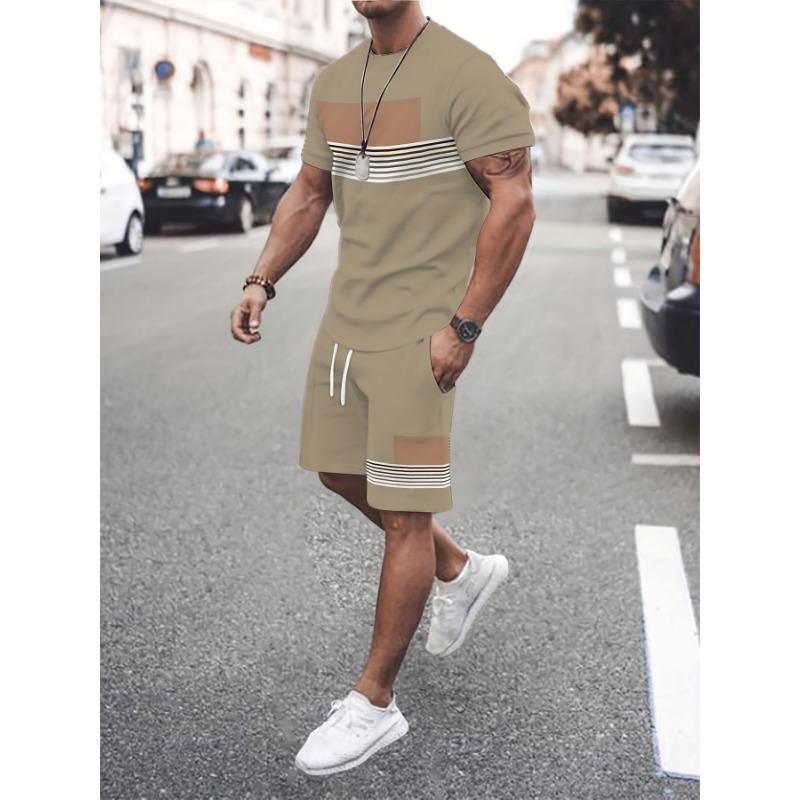 Men's Striped 3D Fashion 3D Printed Short Sleeved T-shirt and Shorts Set - Stylish Contrasting Design, Comfortable Round Neck
