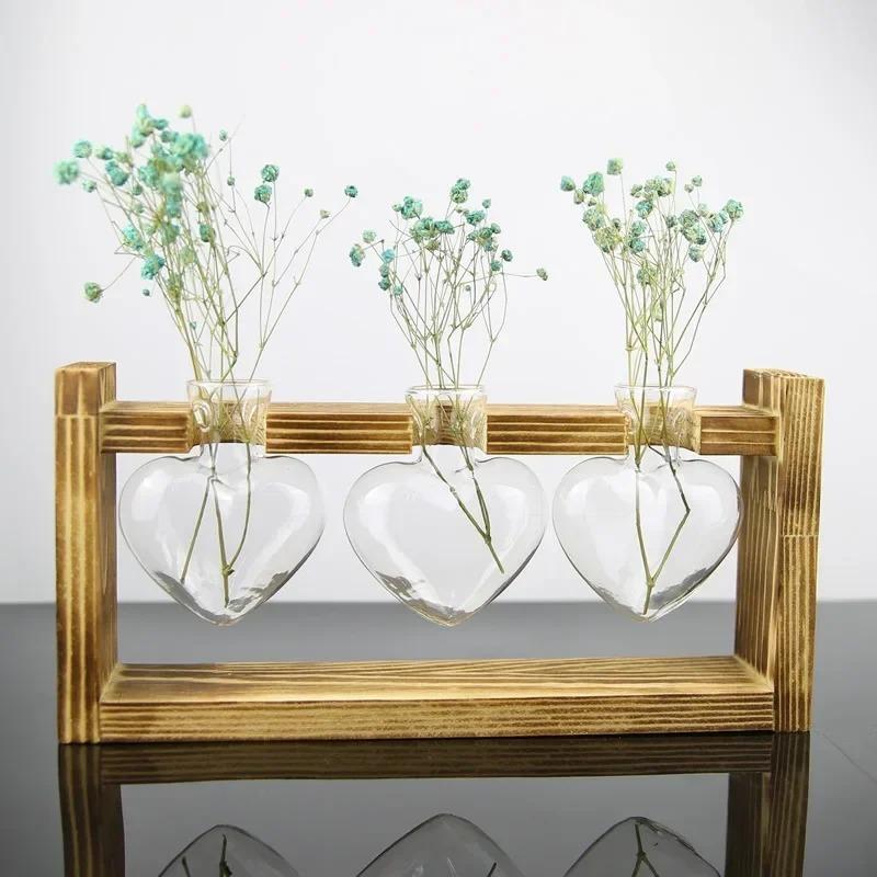 Bonsai Heart Shape Home Decoration Wedding Vase Wooden Frame Glass Vase Hydroponic Plant Vase Vintage Flower Pot Table Desktop