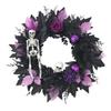 Halloween Front Door Wreath, Artificial Floral Wreath with Black Purpler Leaves Hanging Decoration for Front Door Entryway Wall