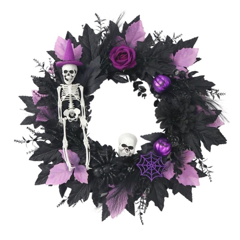 Halloween Front Door Wreath, Artificial Floral Wreath with Black Purpler Leaves Hanging Decoration for Front Door Entryway Wall