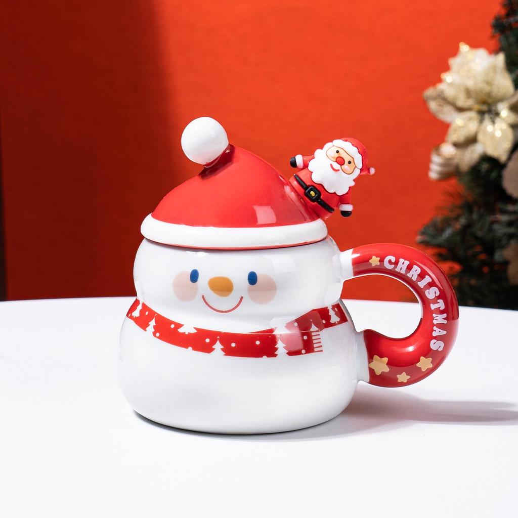 Large Capacity Snowman & Santa Claus Ceramic Mug Set with Lid & Spoon – Ideal Christmas Gift