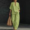 Women's V Neck Three Quarter Sleeve Loose Fit Solid Color Linen Blend 2 Piece Outfit High Waist Wide Leg Pants Casual Summer Loungewear Set