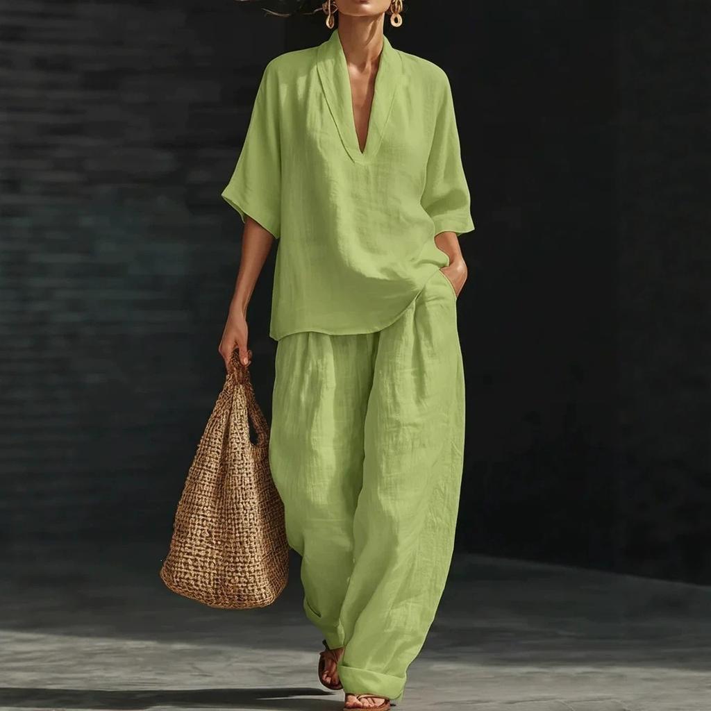Women's V Neck Three Quarter Sleeve Loose Fit Solid Color Linen Blend 2 Piece Outfit High Waist Wide Leg Pants Casual Summer Loungewear Set