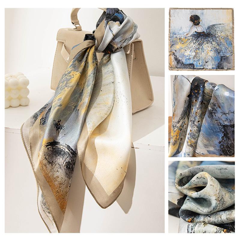 Mulberry silk scarf autumn new square scarf temperament elegant scarf high sense ballet girl printed scarf woman 65*65cm