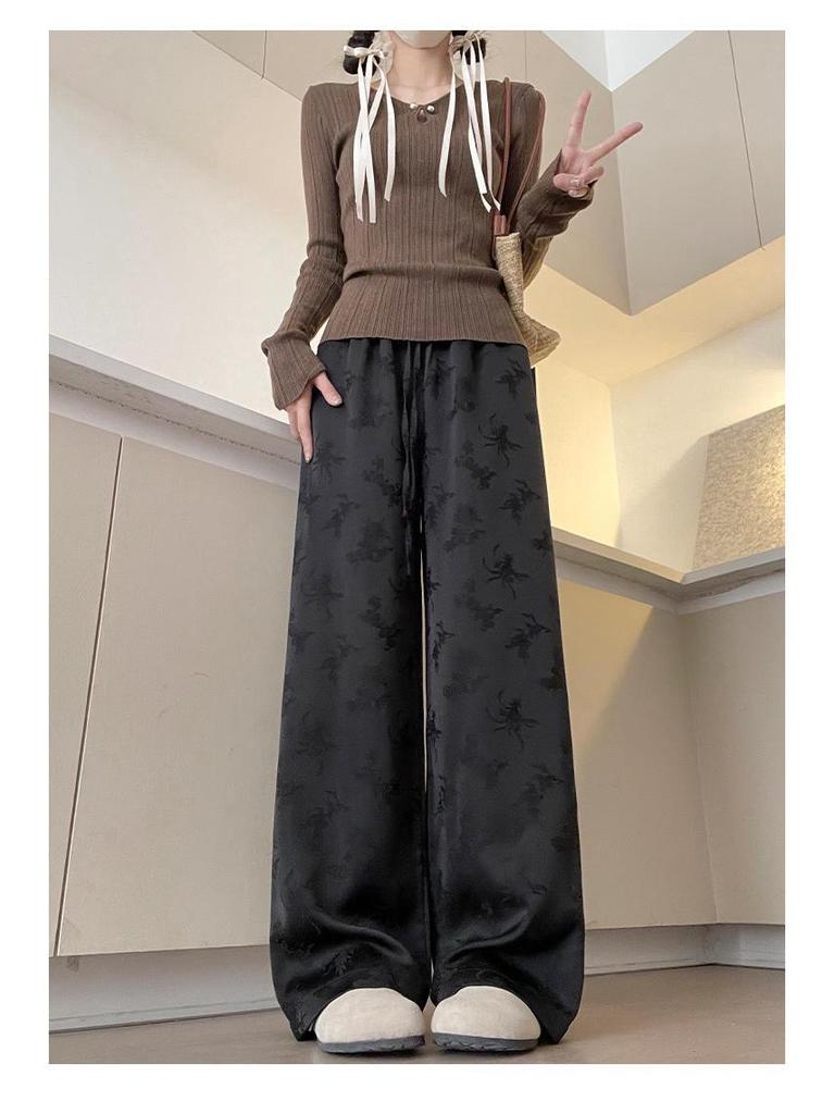 New Chinese Style Women's Jacquard Satin Wide Leg Pants - Spring Collection