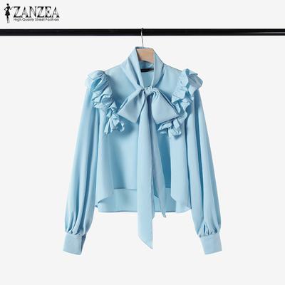 Blusa Feminina Casual Gola Redonda Manga Longa Solta com Babados